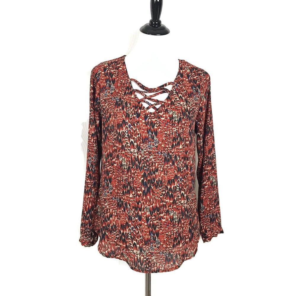 Veronica M Blouse Womens Size S All Over Feather Print Caged Criss Cross Neck